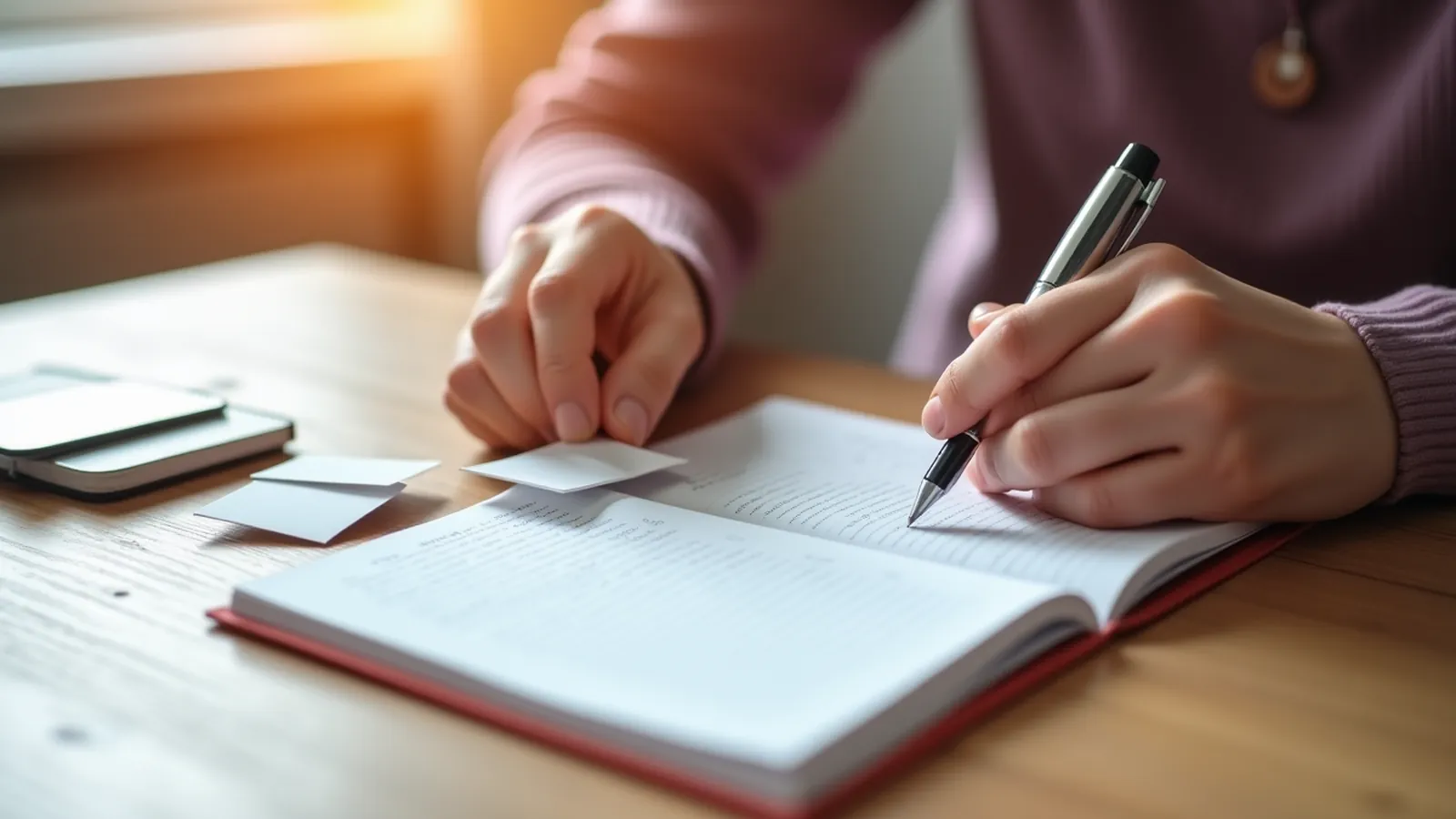 Hands combining three notes into one paragraph in a notebook.