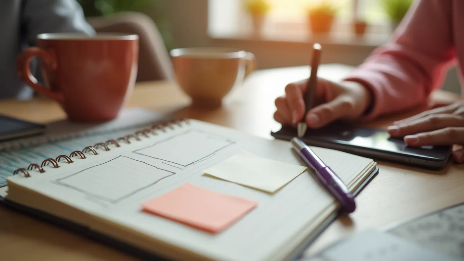 An open notebook with a blank box, pen, and sticky notes on a kitchen table.