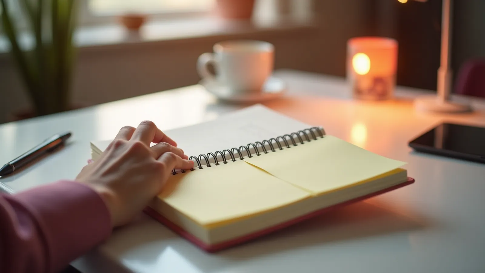 Desk with notebook, three blank sticky notes, pen and lamp in evening light