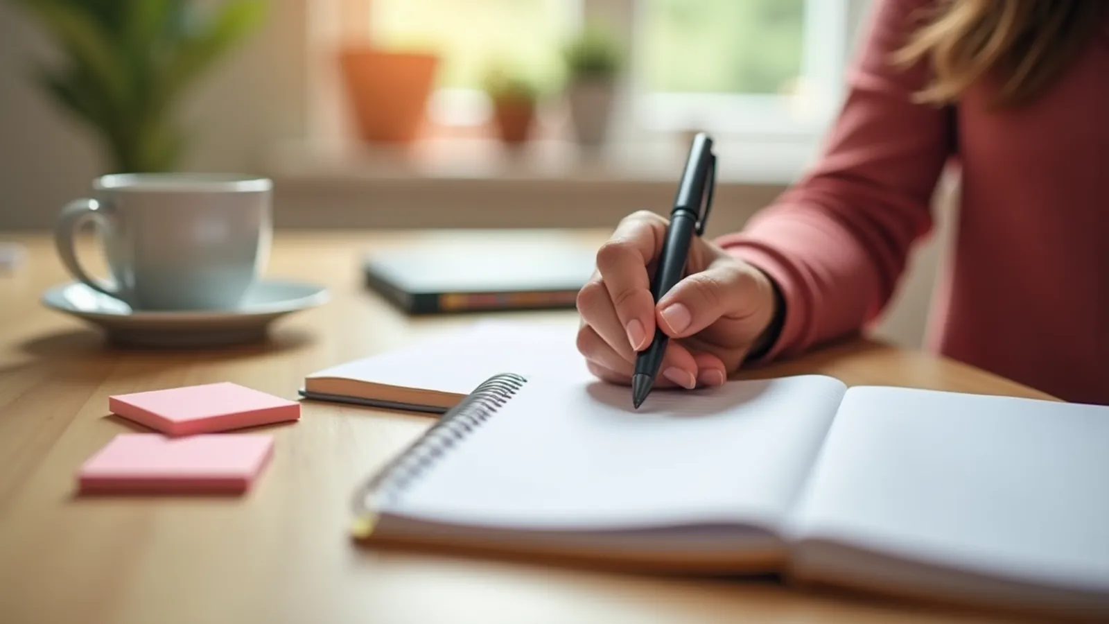 A hand beside a blank notebook, pen, mug, and sticky notes on a kitchen table.