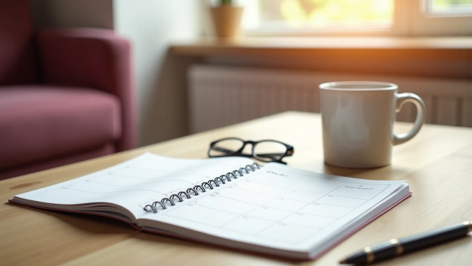 Notebook and calendar on kitchen table for toenail fungus appointment prep