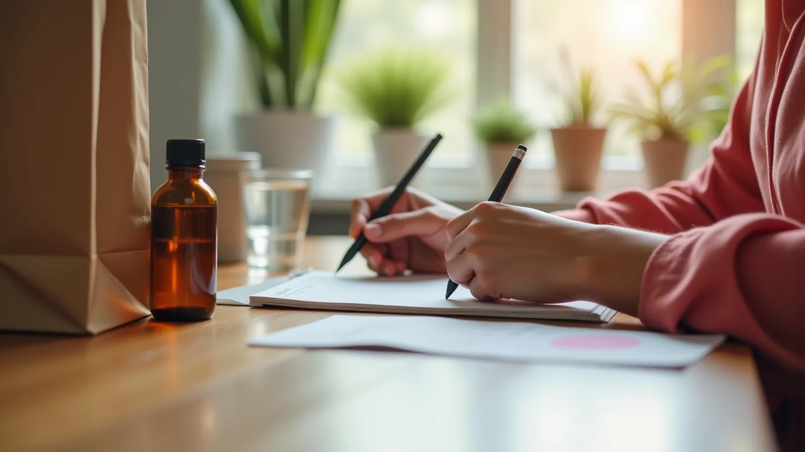 Hands write questions beside a plain pharmacy bag and water glass.