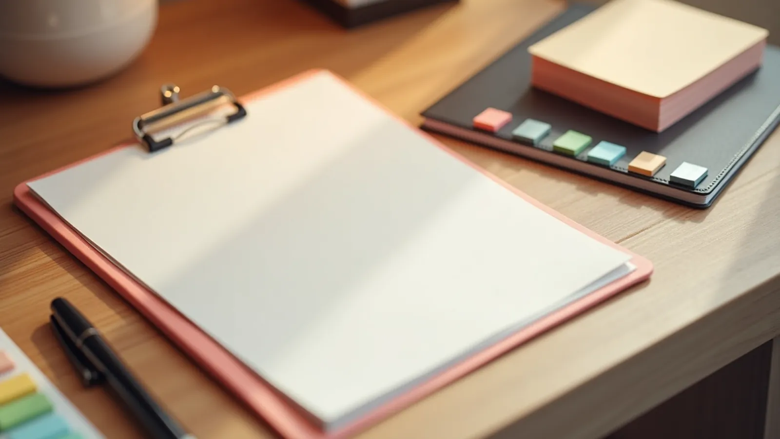 Blank sheet with pen and colored tabs on a desk