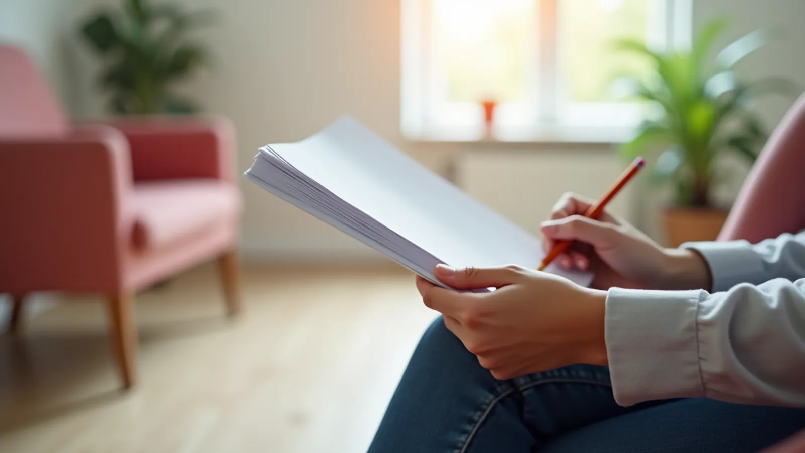 Hands holding a folded paper’s blank panel with pencil in a quiet waiting area