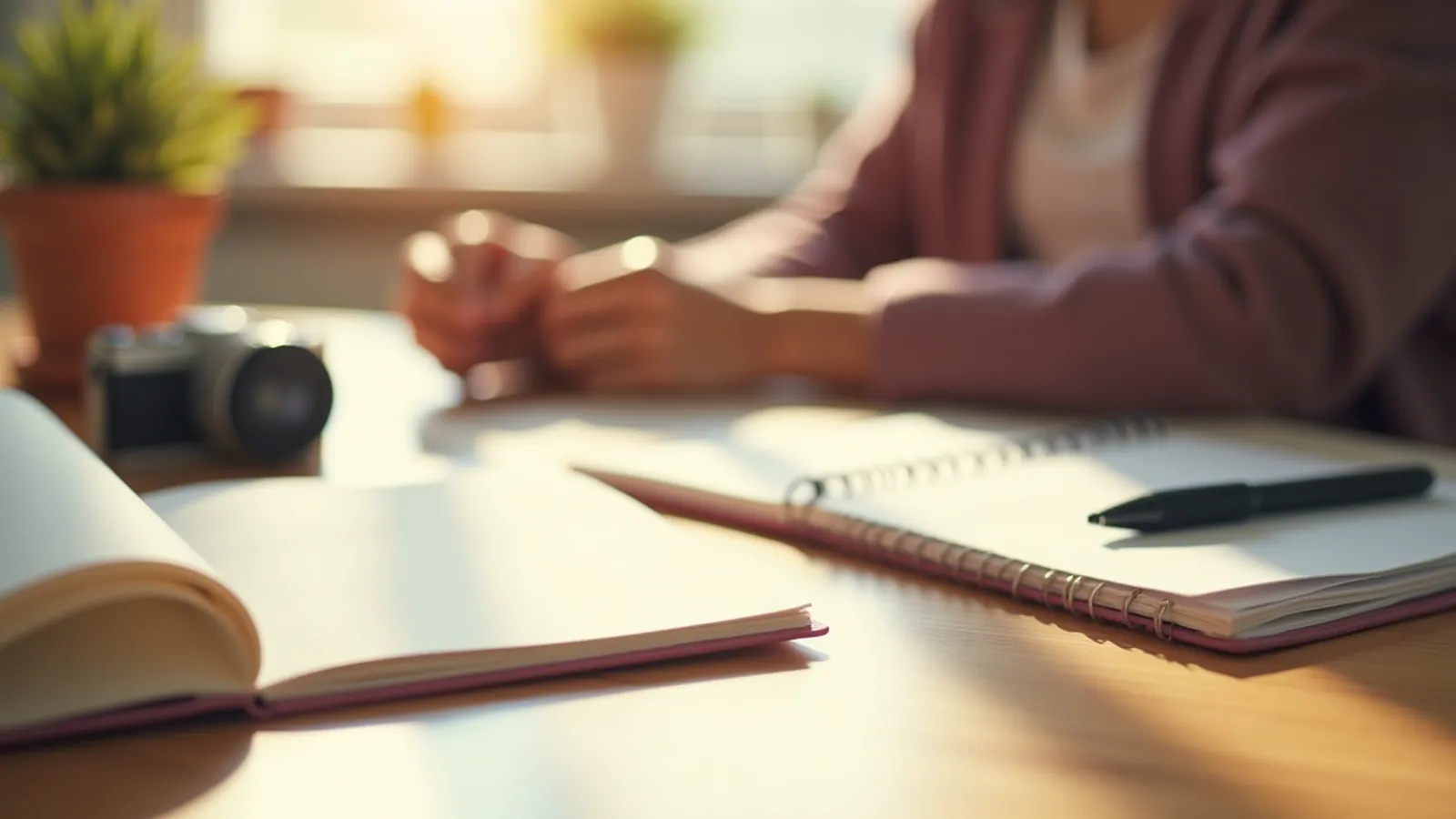 Notebook, pen, camera and folder on a sunlit kitchen table for tracking nail changes.