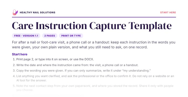 Preview of the top of page 1 of the Care Instruction Capture Template: the heading and first lines only, not the full page