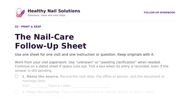Preview of the top of the Nail-Care Follow-Up Sheet: the heading and first lines only, not the full page