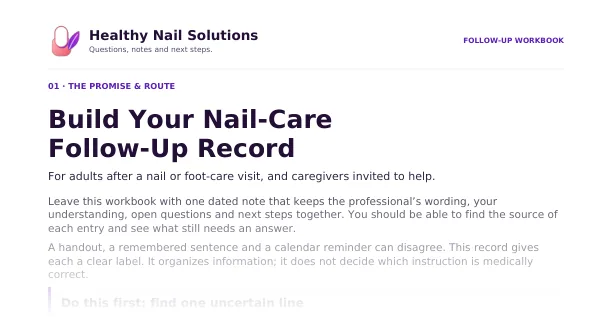 Preview of the top of page 1 of the Nail-Care Follow-Up Workbook: the heading and first lines only, not the full page